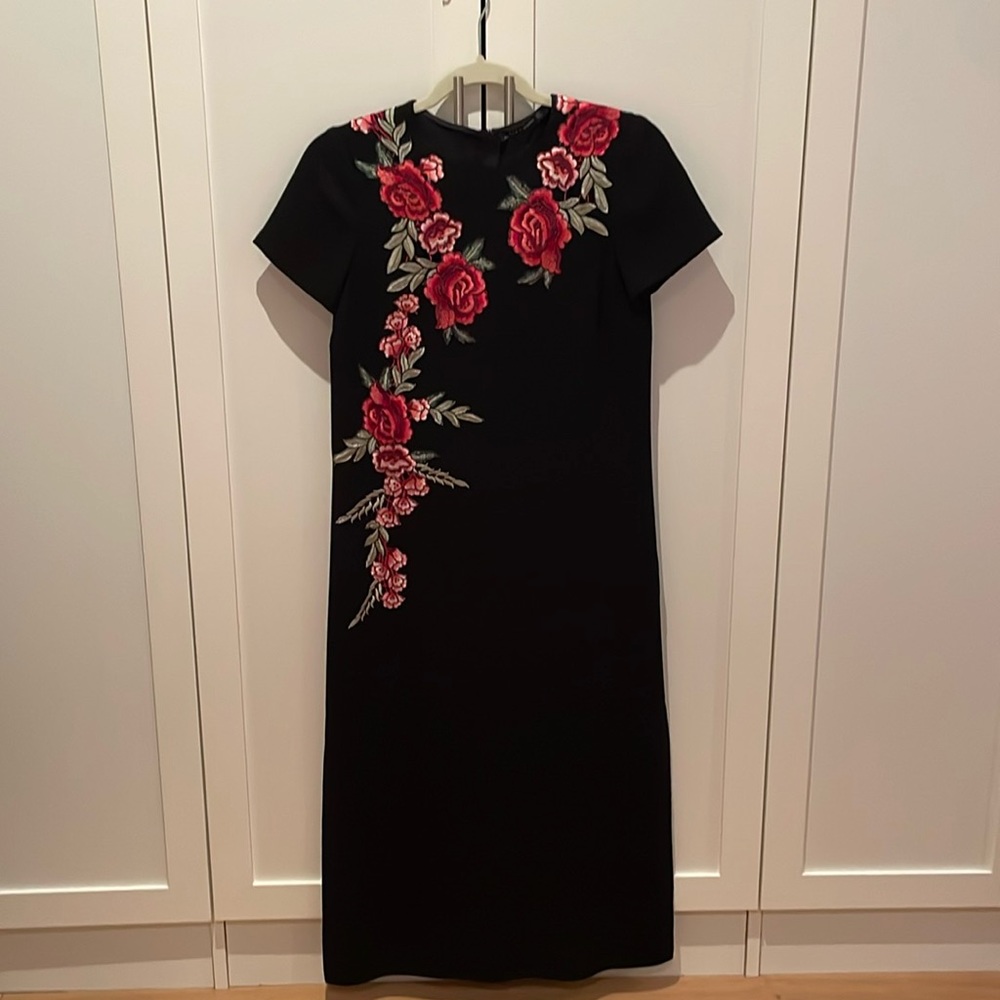 Zara Black Dress with Floral Appliqué Sz Small